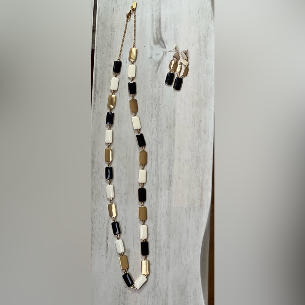 kate spade gold, black and white rectangle necklace WITH matching earrings